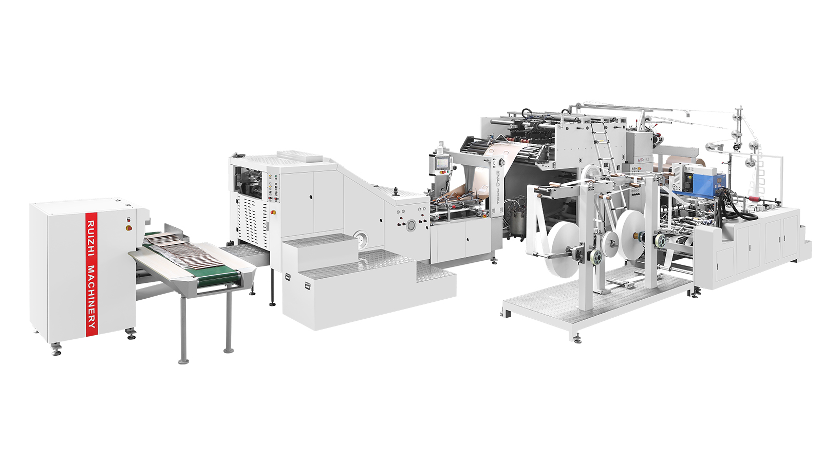 Ruizhi Machinery's RZFD-330F automatic square bottom paper bag machine with handle inline