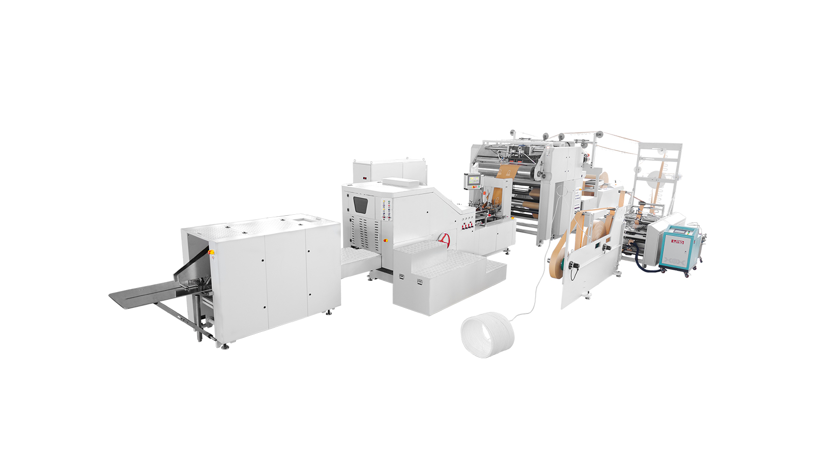 Ruizhi Machinery's  RZFD-250T fully-auto square bottom paper bag machine with twsit handle inline (side punch holes)